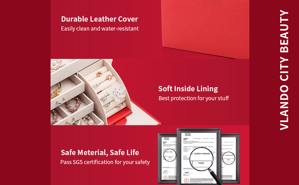 Beauty Jewelry Box Faux Leather Jewelry Organizer Gift For Women - Dark Pink 6 Jewelry Box