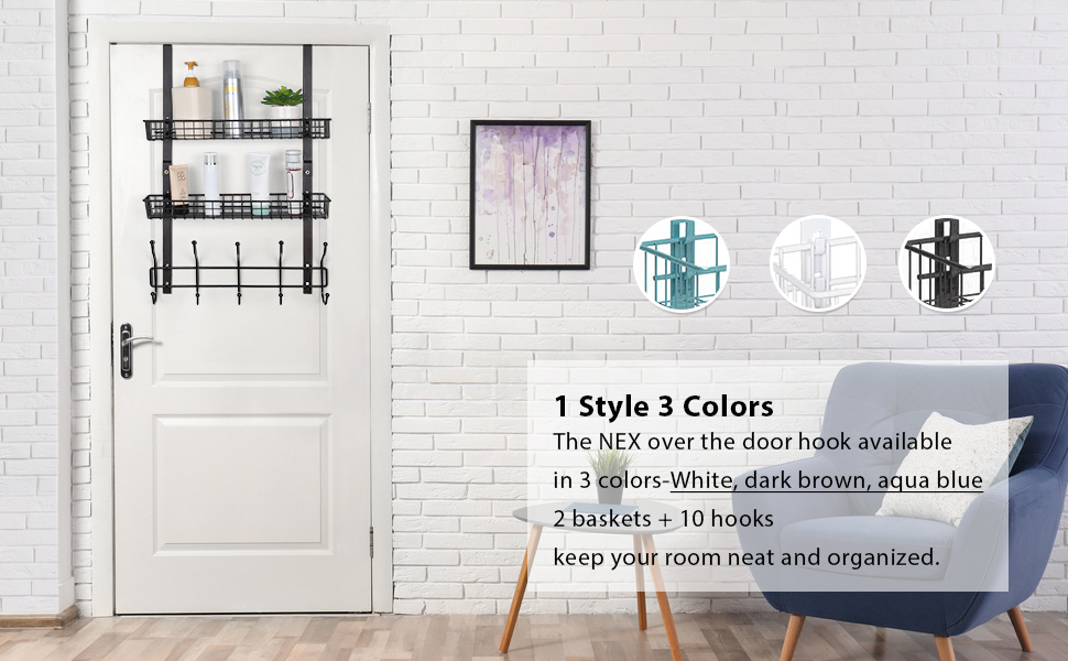 NEX Upgrade Over The Door Hook Shelf Organizer 5 Hooks with Basket Storage Rack for Coats