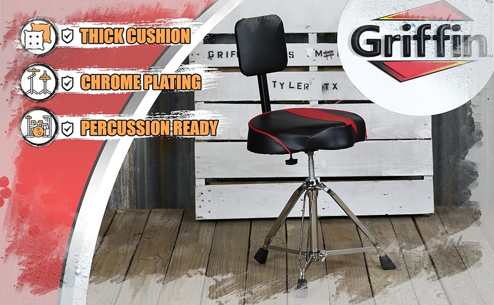 Saddle Drum Throne with Backrest Support by GRIFFIN Padded Leather Drummer