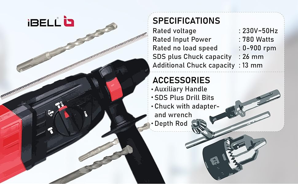 IBELL Rotary Hammer Drill RH2626, 780W, Copper Armature, SDS Plus