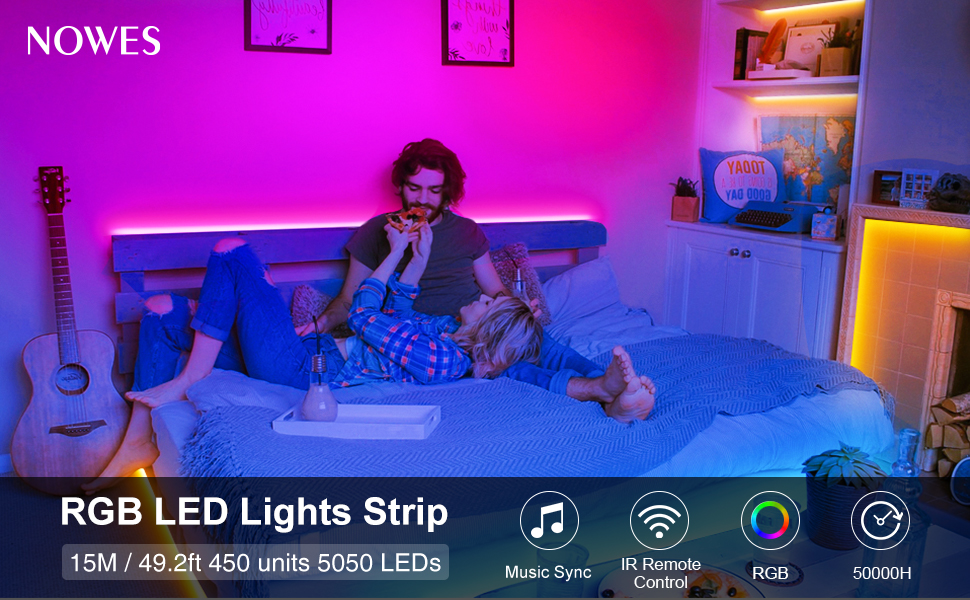 NOWES LED Strip Lights 50ft, 450 LEDs Music Synchronize