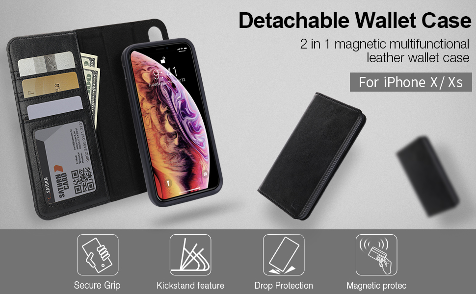 JISONCASE iPhone Xs Wallet Case Detachable iPhone X PU