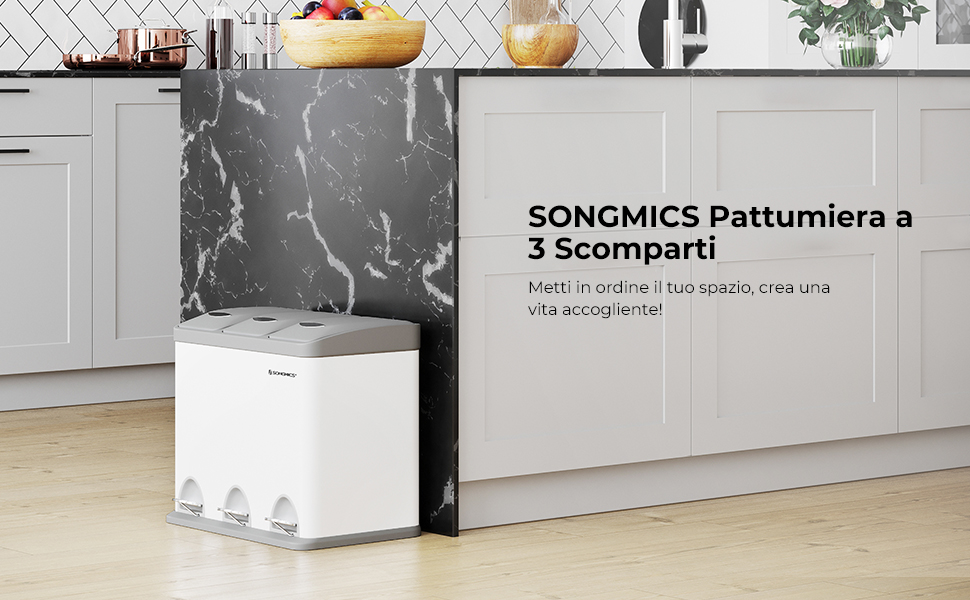 Songmics Pattumiera, 3 In 1, Cestino A Pedali, Secchio Della Spazzatura In Metallo, Sistema Di Differenziamento Dei Rifiuti, Pattumiera Per Cucina, Durevole, Facile Da Pulire, Acciaio, Bianco 10 LTB24WT/