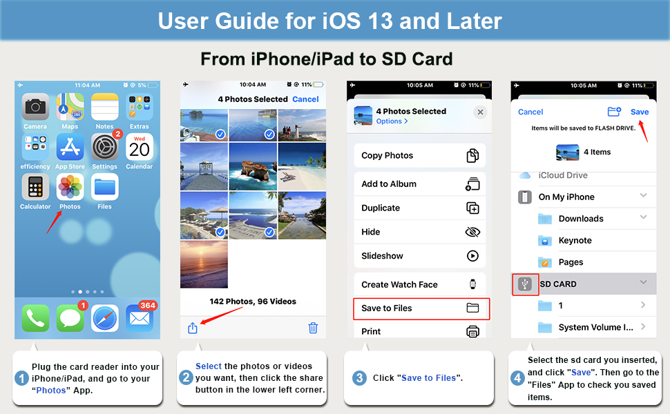 SD TF Card Reader Lightning Adapter, rosyclo Apple MFi Certified 4 in 1 USB OTG