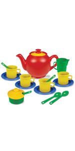 Kidzlane durable plastic tea set 4 place settings gender neutral colors BPA-free dishwasher safe