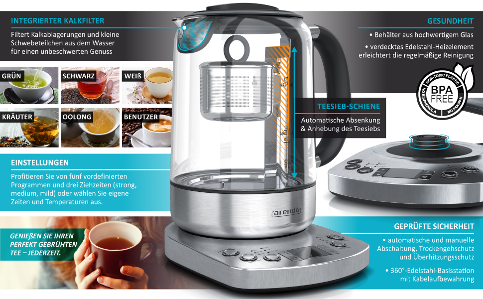 Glas Wasserkocher mit Auto Lift Funktion - Teekocher mit Temperatureinstellung - 5 Teeprogramme