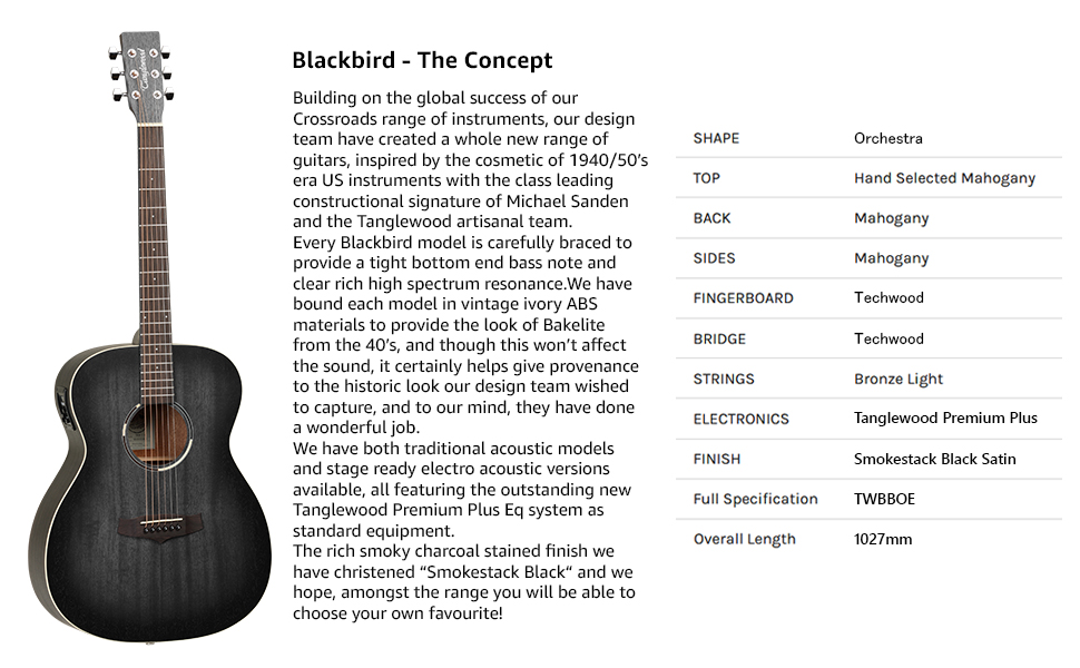Tanglewood Blackbird Semi Acoustic Guitar, 6 Strings, Orchestra, Smokestack Black Satin Finish 2 SPN-UGL