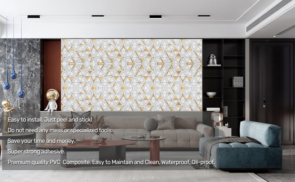 Soulscrafts Peel and Stick Tile Backsplash PVC White Marble Stone with Stainless Steel Triangle Tile