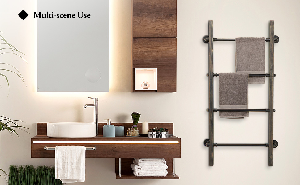 Vintage Grey Wood & Industrial Metal Pipe Wall Mounted Ladder Rack, 46 Inch Towel Shelve