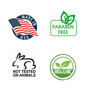 Free of parabens, animal cruelty, organic, made in the USA symbols