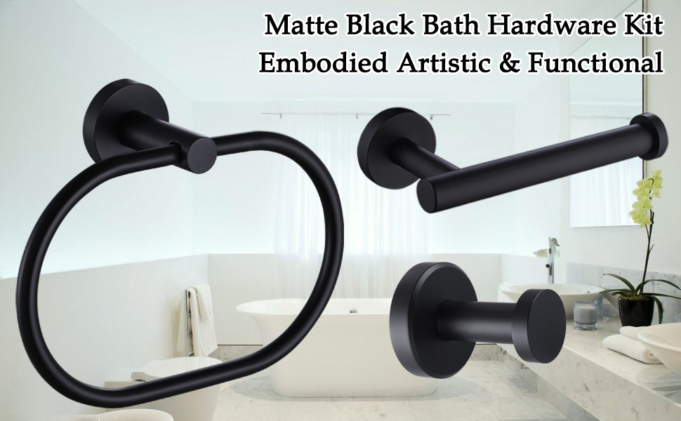 3 Piece Matte Black Bath Hardware Set, APLusee Contemporary Stainless Steel Storage