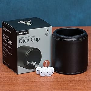  Premium Padded Black Leatherette Dice Cup with 5 Dice - Deluxe Casino Style Set
