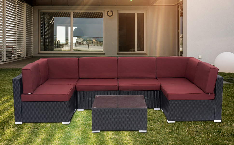 Kinsunny 7 PCs Outdoor Patio Sectional Set Black Rattan Wicker Furniture Sofa Set