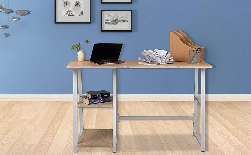 WOLTU Computer Desk Light Oak Office Desk Workstation 2 Shelves for