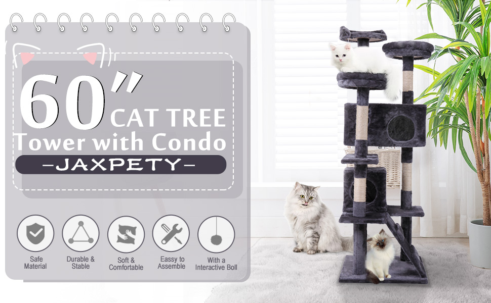 JAXPETY 60”H MultiLevel Cat Tree Cat Tower, 2 Large Condo