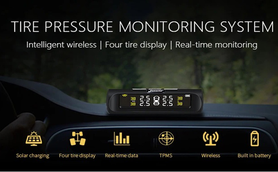 DHUNIKART TPMS Solar Wireless Tire Pressure LCD Monitoring System with 4 External Sensor