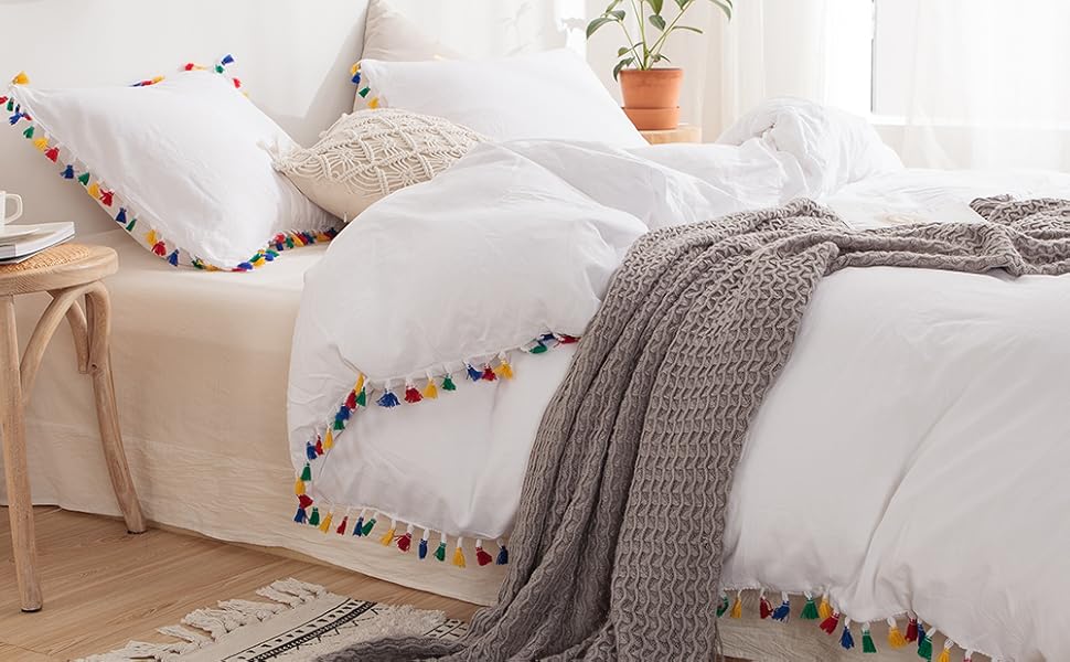 MOVE OVER 2 Pieces White Bedding Rainbow Tassel Duvet Cover