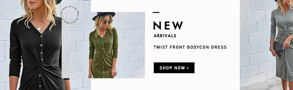 Women Deep V Neck Dress Long Sleeve Solid Twist Front Bodycon Button Down Tunic Midi Long Dress