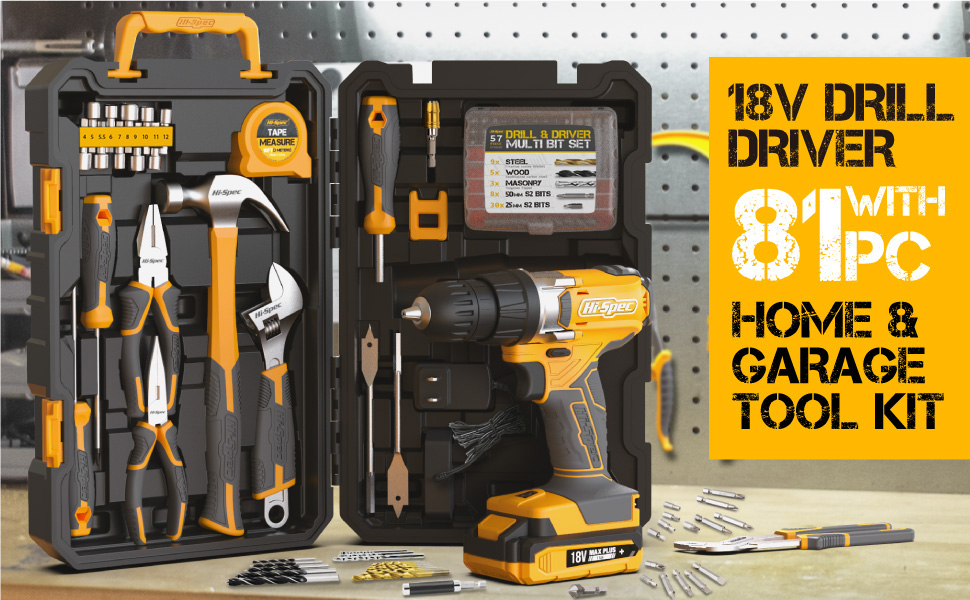 HiSpec 80 Piece 18V Drill Driver & Home Garage Tool Kit Set. Complete