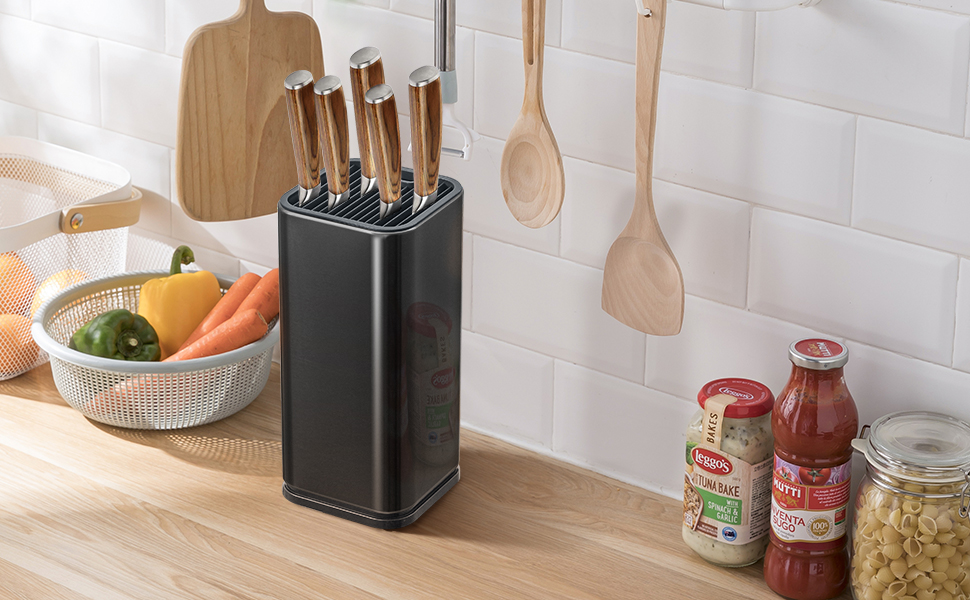 (Black) Knife Block, Stainless Steel Universal Knife Holder Without