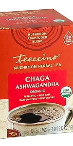 Chaga tea, an anti inflammatory, is blended with ashwagandha for a healthy coffee alternative