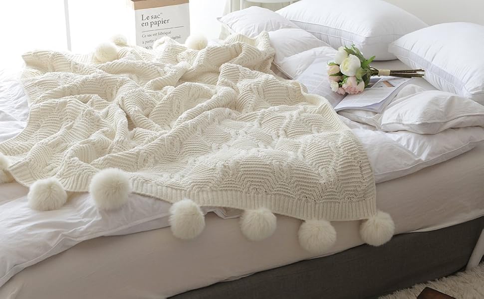 DONEUS Pom Pom Knit Throw Blanket, 100 Polyester Soft