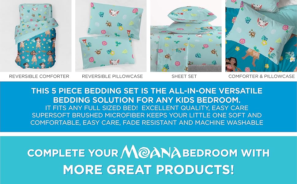 Disney Moana Flower Power 5 Piece Full Bed Set Includes
