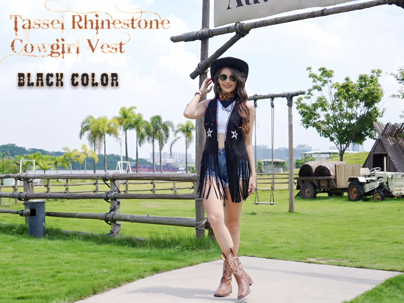 Pixiemain Women Tassel Sleeveless Rhinestone Cowgirl Vest