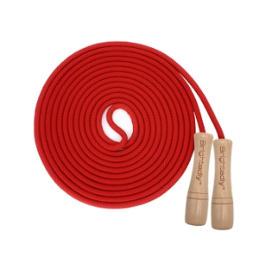 High quality Brightedly braided 16ft long skipping rope with wooden handles for kids shown in red