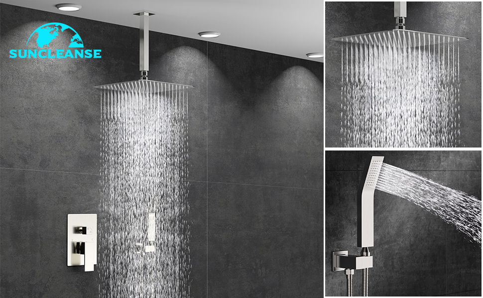 SunCleanse Ceiling Shower System Brushed Nickel Shower Combo Set for Bathroom, Rainfall Shower