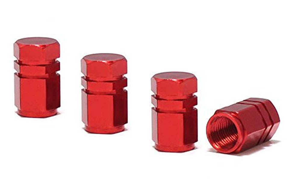 Tuner Racing Style Red Aluminum Tire Valve Caps (Hexagon Shape)