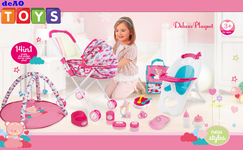 deAO Kids Deluxe 4 in1 16 Pieces Baby Doll Pretend Role Play Set with