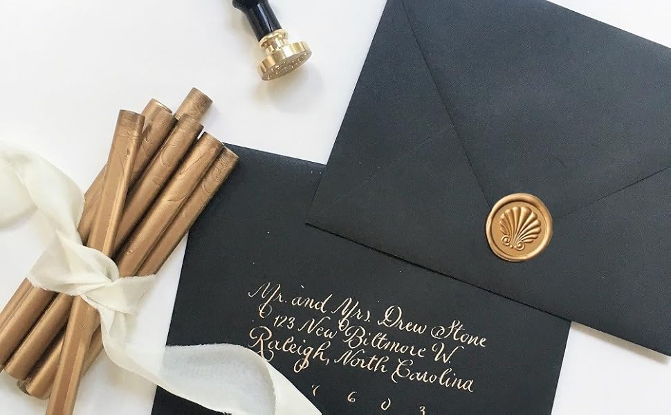 gold glue gun wax seal stamp wedding invitation
