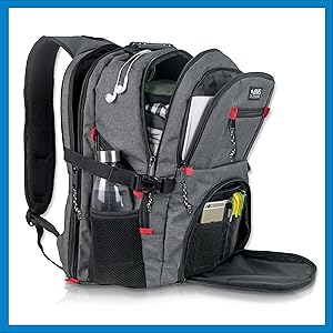 travel backpack multiple compartments headphone port bottle pocket padded shoulders
