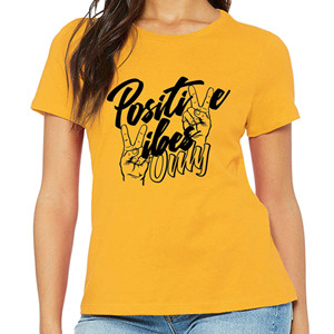 Women Positive Vibes Letter Victory Sign Short Sleeve Casual Tee Shirts