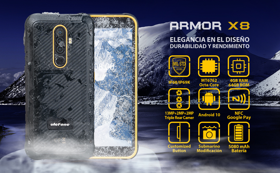 Móvil Resistente, Ulefone Armor X8 Android 10 Smartphone 4G con Cámara