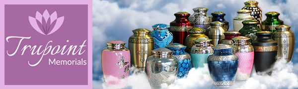 Trupoint Memorials Logo with many Urns For Human Ashes Cremation Urn For Funeral in cloud background
