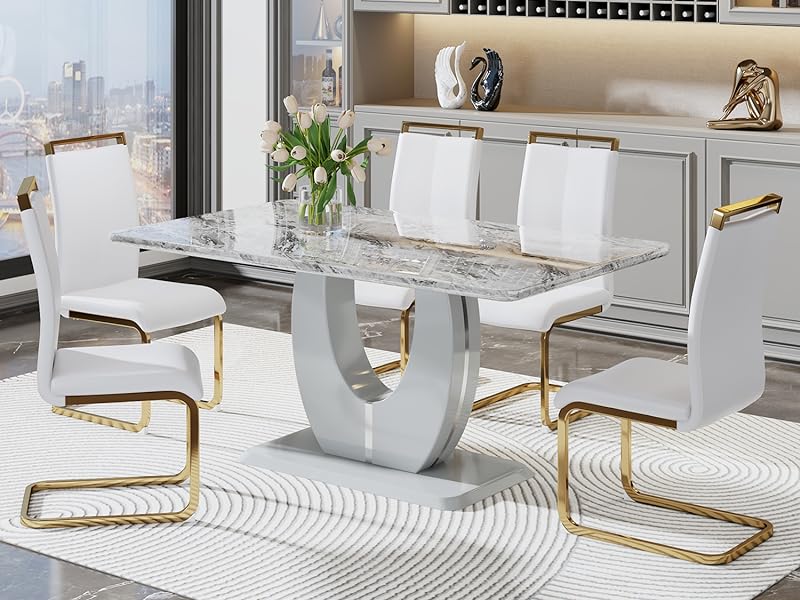 Amazon.com - JUFU Dining Table Set for 6,Marble Dining Table