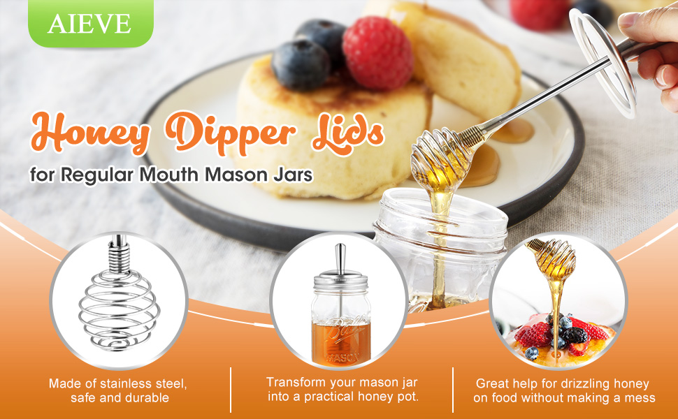 AIEVE Mason Jar Honey Dipper Lid, 2 Pack Honey Dispenser