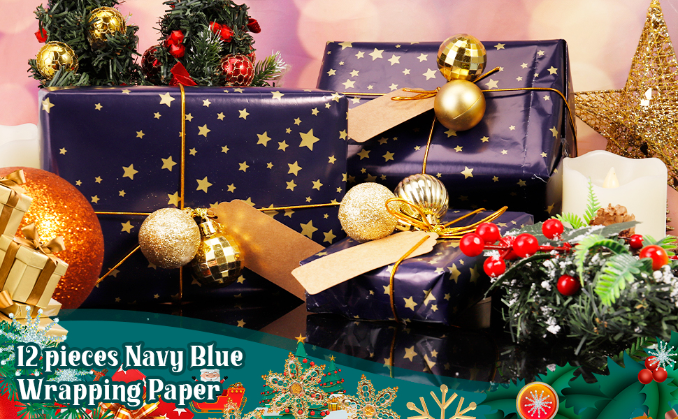 Fuyamp 12 Sheets Blue Wrapping Paper, 70cm * 50cm Gold Stars Xmas