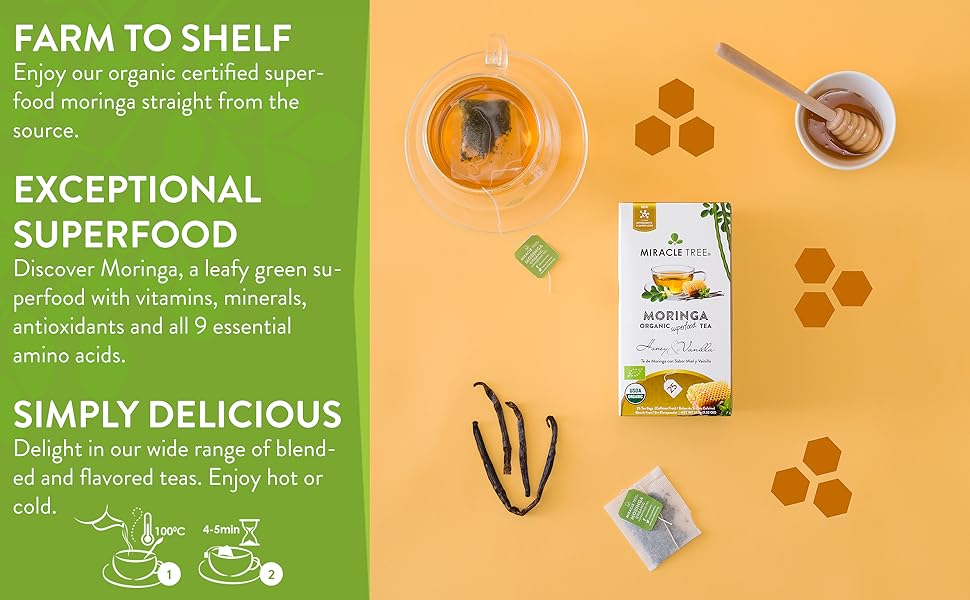 Honey Vanilla Organic Moringa Tea Herbal Superfood Infusion Healthy Wellness Antioxidants Functional