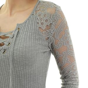 AmélieBoutik Women Floral Lace Inset Lace Up Ribbed Long