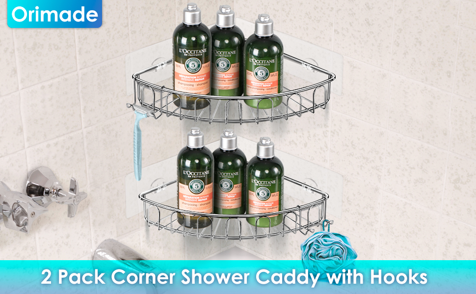 Orimade Adhesive Corner Shower Caddy Shelf with 2 Movable Hooks,Shower
