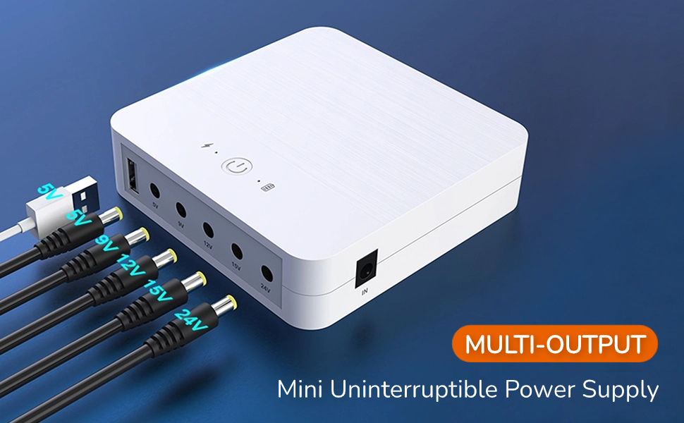 Mini UPS Battery Backup, 5V 9V 12V 15V 24V Output, Large Capacity, USB