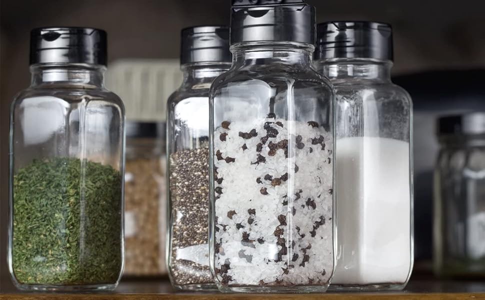 STAR WORK 120 ml Clear Glass Square Spice Jar with Black Sifter Two