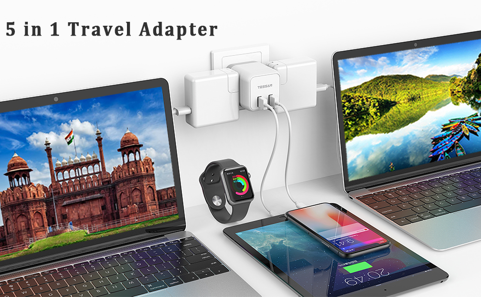 India Plug Adapter, TESSAN 5 in 1 Nepal Travel Adapter Plug with 3 US