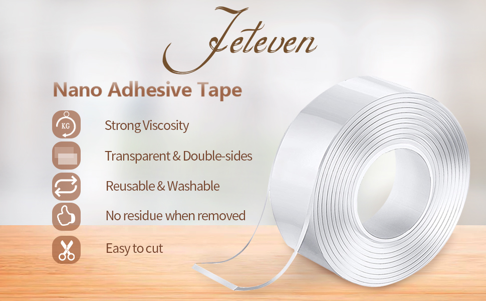 Jeteven Reusable Nano Adhesive Tape, Multipurpose Transparent Double Sided NoTrace Removable