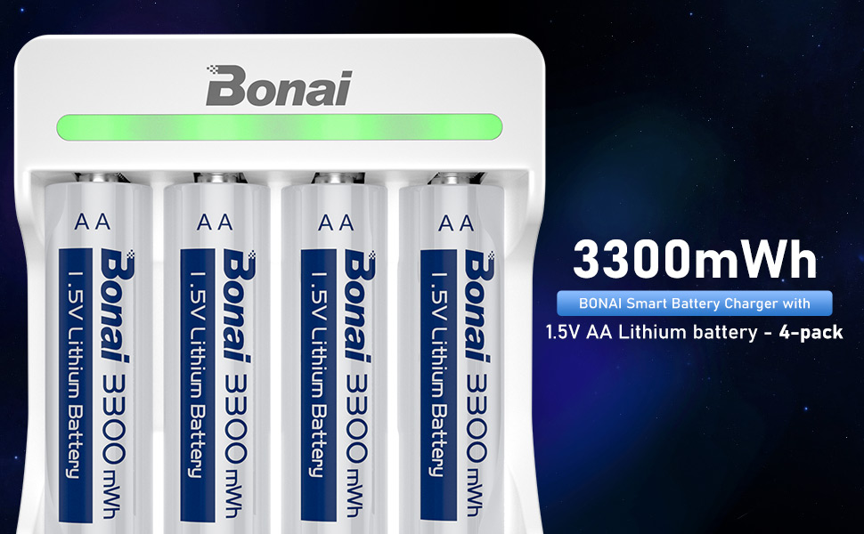 BONAI AA Lithium Rechargeable Batteries with Charger, 1.5V