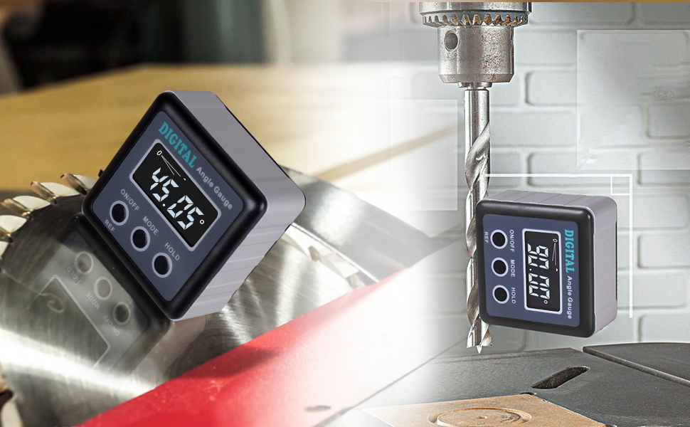 A digital angle finder on a grey pixel stage.