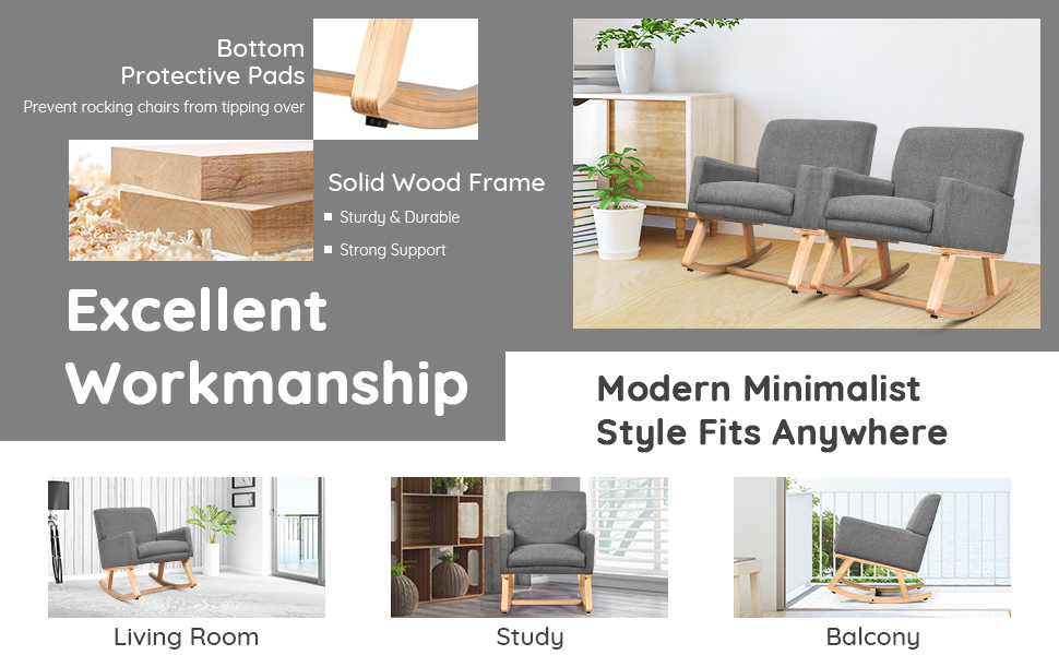 COSTWAY Relax Rocking Chair, Fabric Upholstered Single Sofa Armchair With Solid Wood Legs, Modern Padded Leisure Rocker Chairs For Home Living Room Bedroom (Beige) 16 d